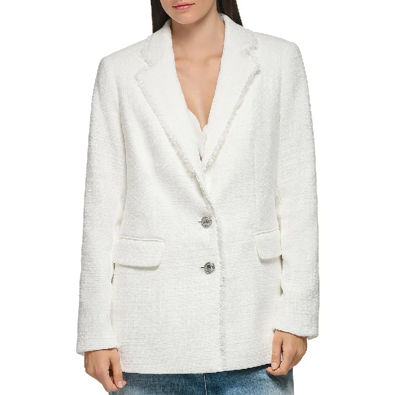 women's sherpa-lined jacket -Karl Lagerfeld Paris Womens Fringe Tweed Two-Button Blazer