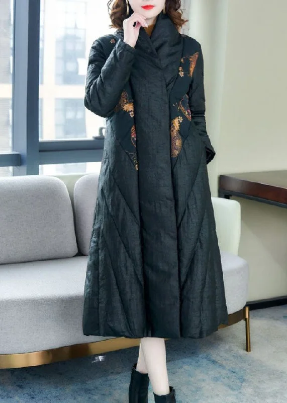 ladies' waterfall drape coat -Unique Black Side Open Print Thick Fine Cotton Filled Coat Winter