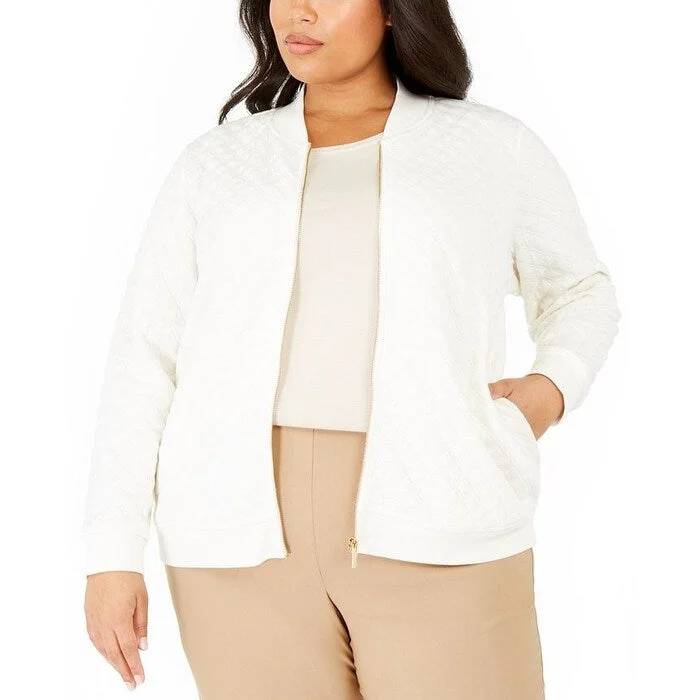 women's faux fur coat -Charter Club Women's Textured Knit Bomber Jacket White Size Extra Large