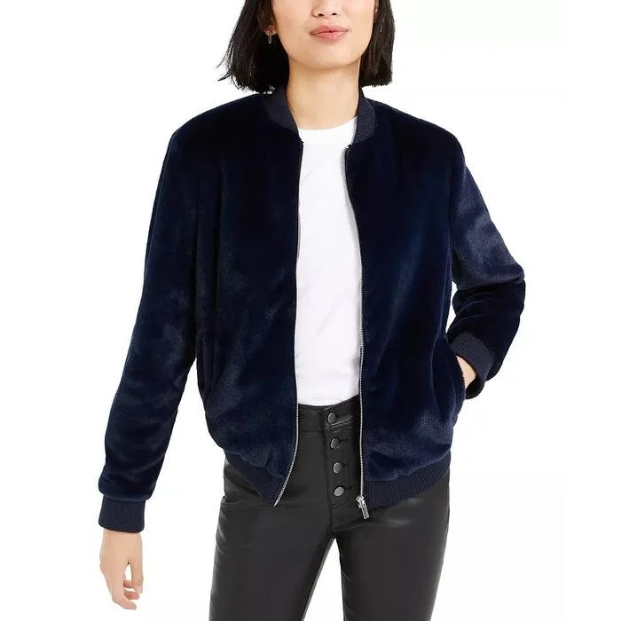 sophisticated evening coat for women -Bar III Women's Faux-Fur Bomber Jacket Navy Size Medium