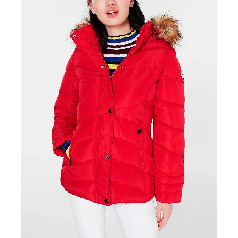 women's varsity bomber jacket -Madden Girl Junior's Hooded Faux Fur Trim Puffer Coat Red Size X-Small