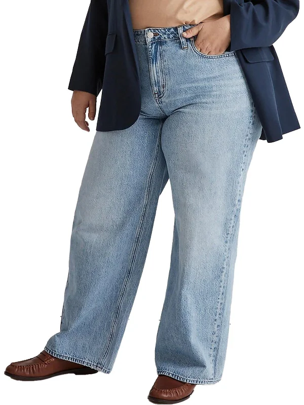 loose baggy high-rise jeans for ladies -Plus Womens High Waist Light Wash Wide Leg Jeans