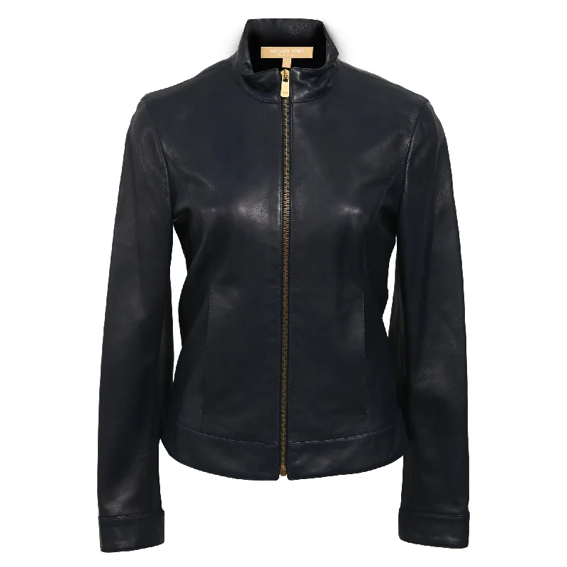 women's sherpa-lined jacket -Michael Kors Zipped Jacket in Navy Blue Leather