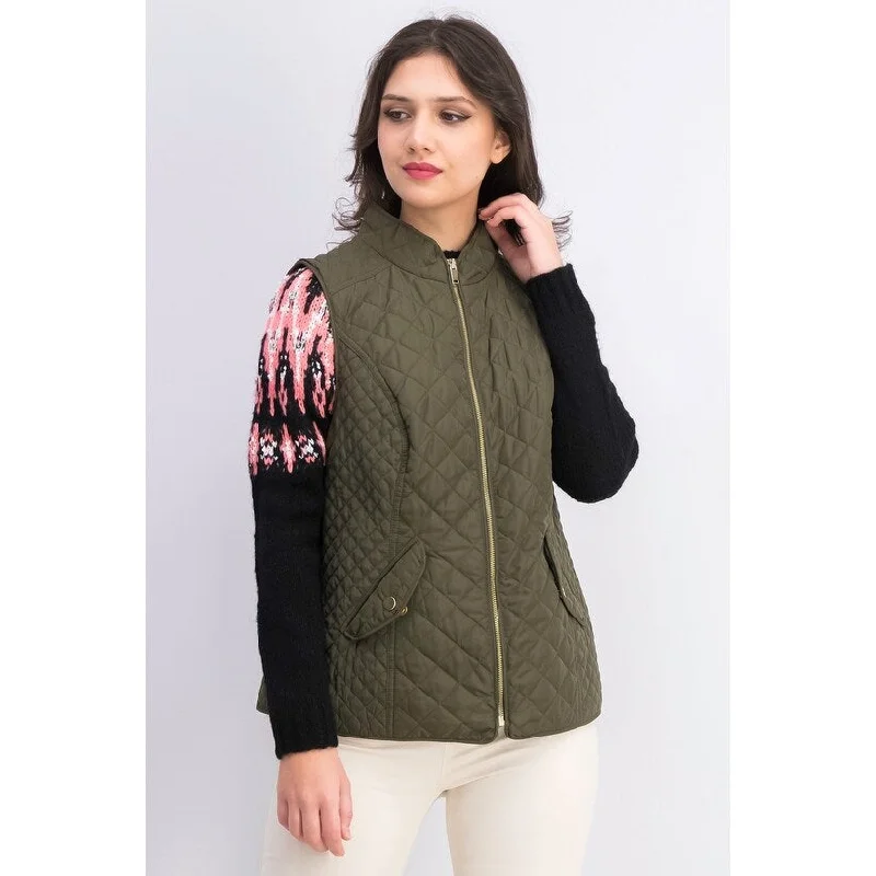 classic trench raincoat for women -Charter Club Women's Quilted Stand-Collar Vest Dark Green Size Extra Small - X-Small