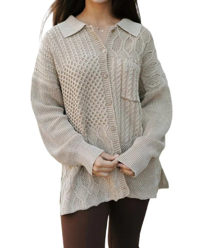 ladies' puffer jacket -Mixed Cable Shacket In Stone