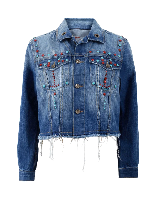 women's asymmetrical zip jacket -Fray Denim Embroidered Jacket