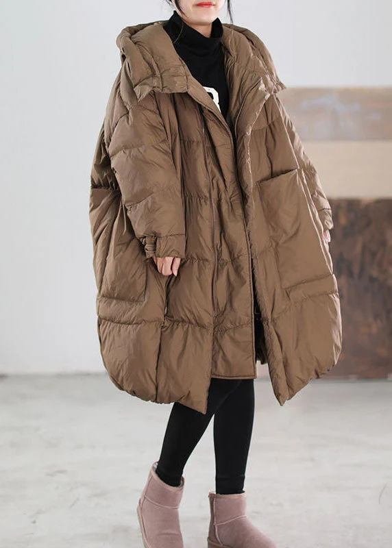 sophisticated evening coat for women -Plus Size Coffee Hooded Oversized Big Pockets Duck Down Down Coats Winter