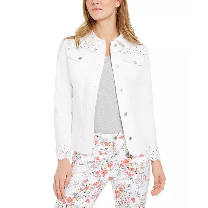 women's cropped bomber jacket -Charter Club Women's Eyelet-Trimmed Denim Jacket Natural Size Medium