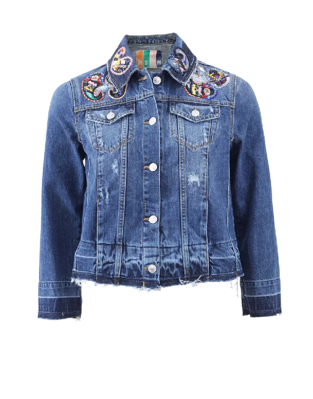 ladies' longline puffer coat -Embellished Jean Jacket