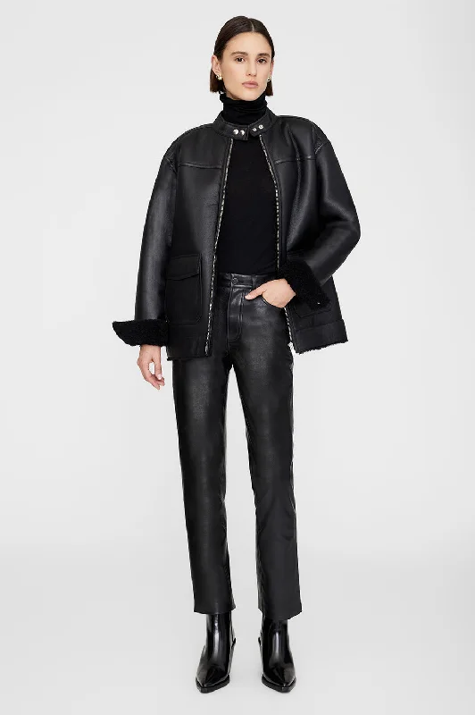 casual coats for women -Henry Jacket - Black Leather With Shearling