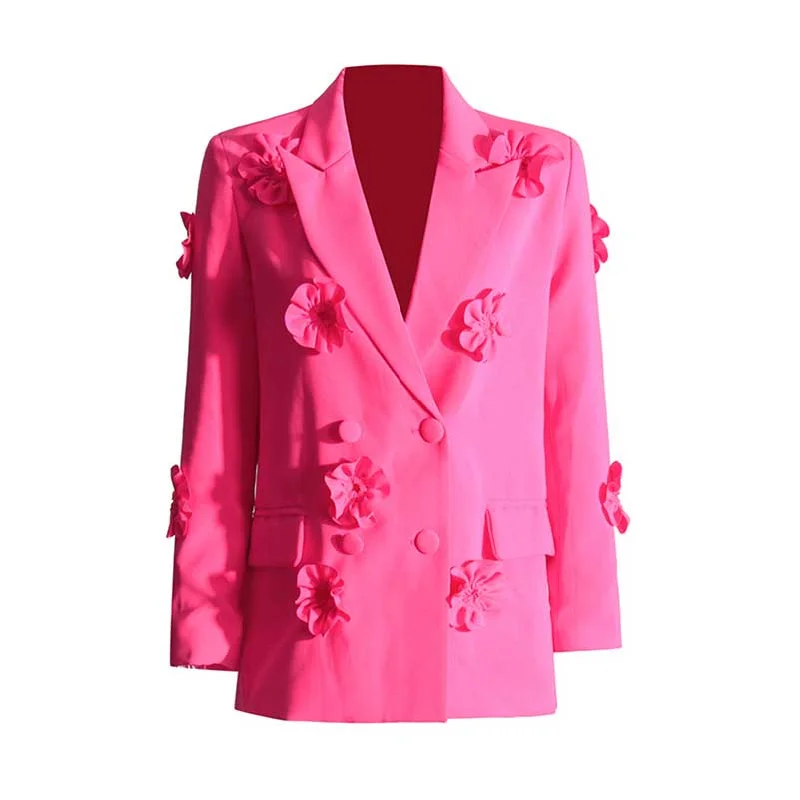 fitted wool blend coat for women -Women's Hot Pink Flower Embellished Double Breated Blazer