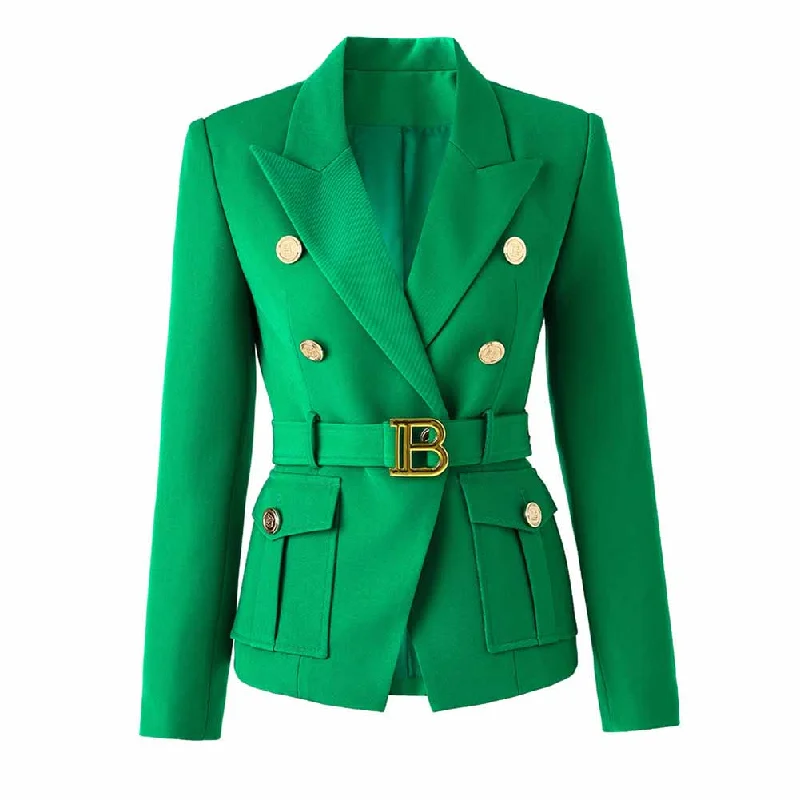 fashionable metallic puffer jacket for women -Women's Luxury Fitted Emerald Green Blazer Golden Lion Buttons Coat Belted Jacket