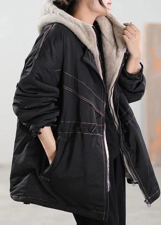 versatile trench coat for ladies -Fine Black Hooded Patchwork Cashmere Parkas Winter