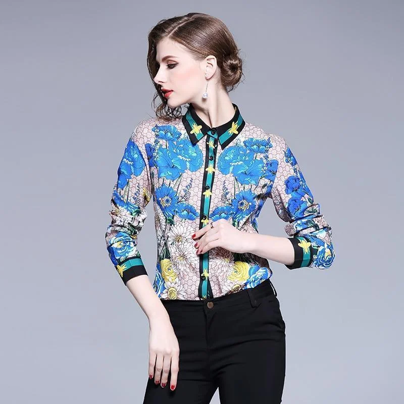 elegant lace blouse for women -Floral Print Silk Shirt For Women