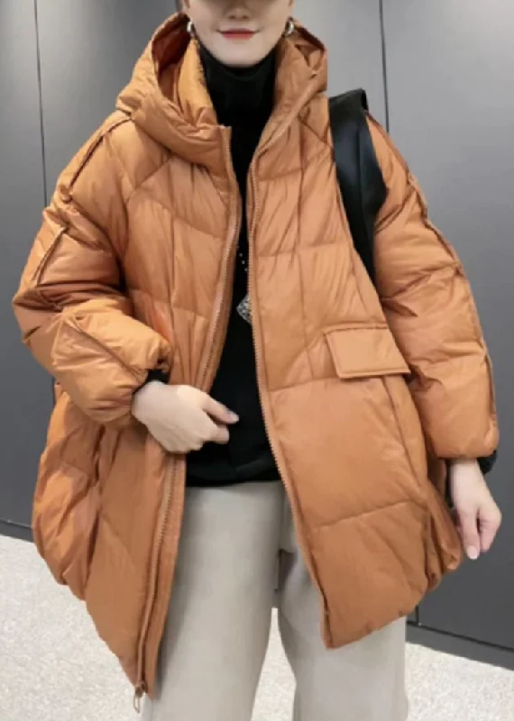 classic camel coat for ladies -Plus Size Orange Hooded Zippered Patchwork Duck Down Coat Long Sleeve