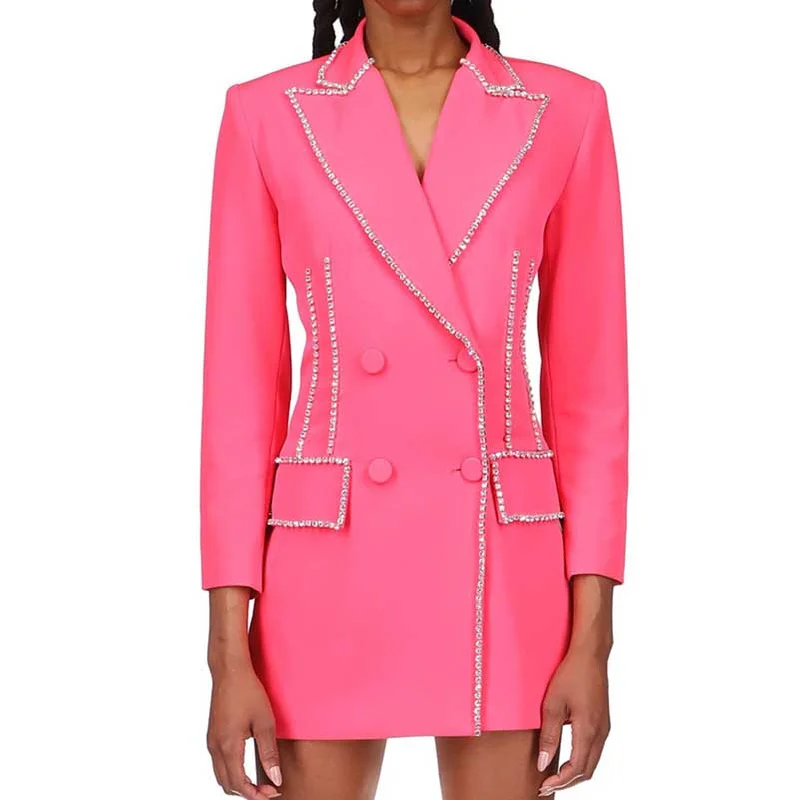 women's relaxed fit blazer -Crystal Embellished Blazer Dress Long Sleeve Coat