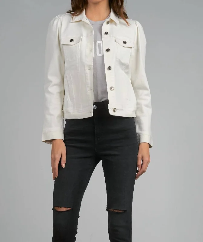 military-style coat for women -Piper Puff Sleeve Denim Jacket In Creamy White