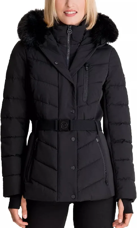 warm alpaca wool coat for ladies -Michael Michael Kors Women's Faux Fur Belted Scuba Coat, Black