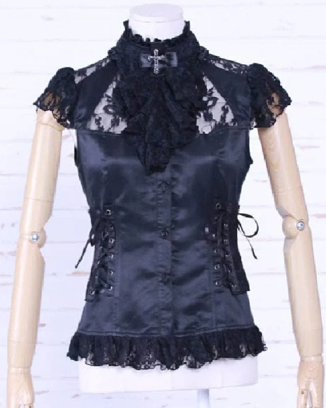 stylish plaid button-up shirt for ladies -Women's Steampunk Strappy Lace Splice Shirt with Neckwear