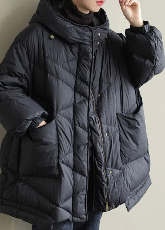 oversized women's coat -Black zippered Button Loose Winter Duck Down Jackets