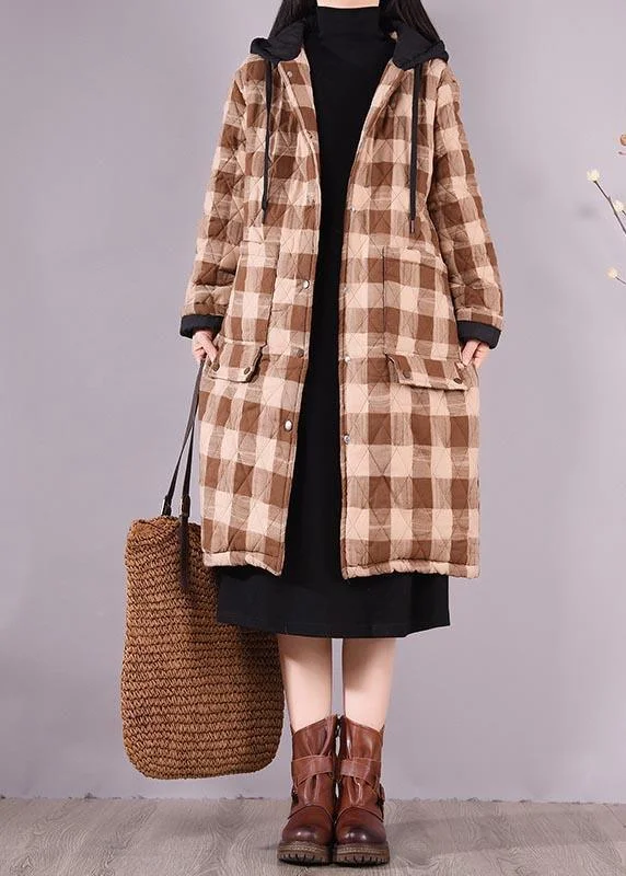 structured blazer jacket for women -Luxury Oversize Outwear Chocolate Plaid Hooded Pockets Casual Outfit