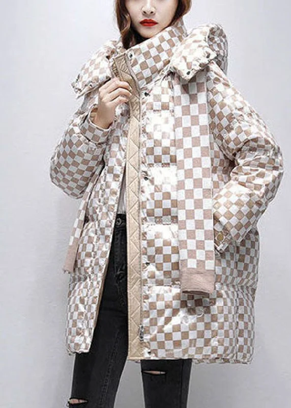 warm padded coat for women -French Khaki Plaid Hooded Thick Duck Down Down Jacket Winter