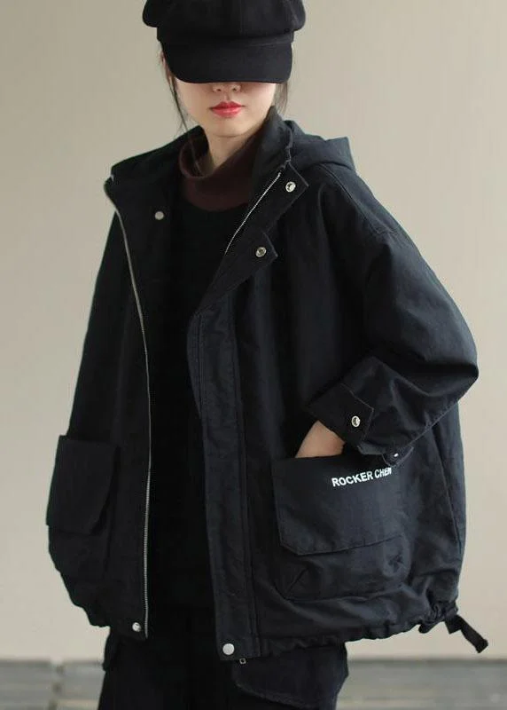 cozy oversized wrap coat for women -Unique Black Hooded Pockets Winter Cotton Coat Long sleeve