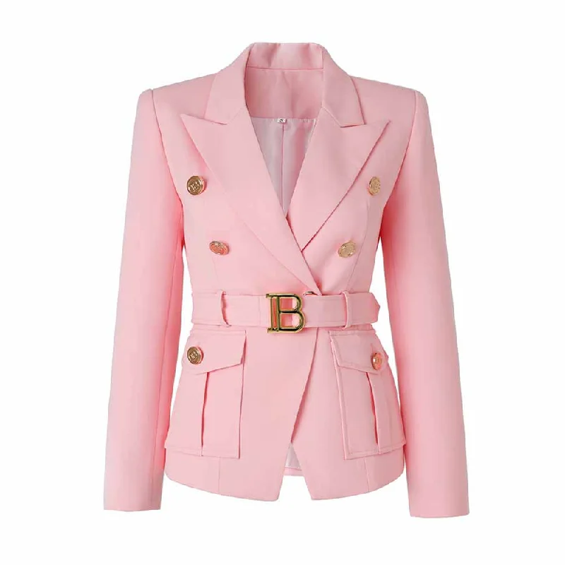 sleek minimalist coat for women -Women's Luxury Fitted Pink Blazer Golden Lion Buttons Coat Belted Jacket