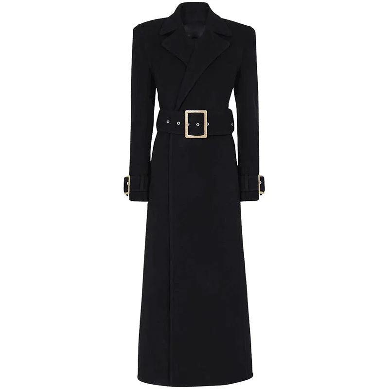 women's asymmetrical zip jacket -Women's Winter Autumn Golden BUCKLE Belt Black Long Coat, Wedding, Formal Events