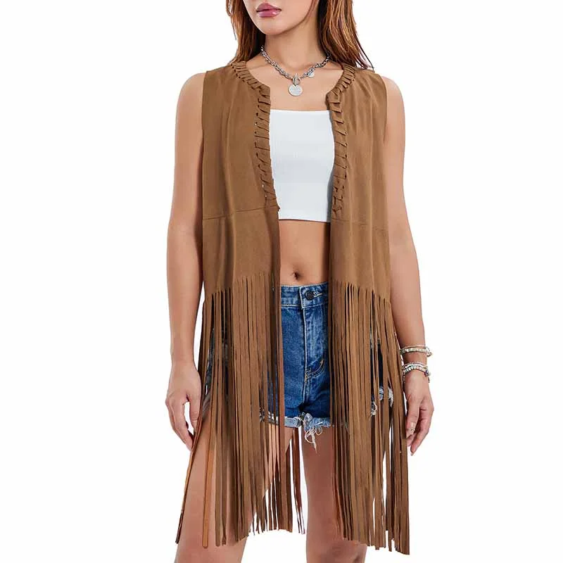 women's cropped bomber jacket -Women Long Suede Fringe Vest Open Front Tassels Cardigan