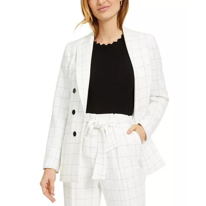 trendy plaid coat for women -Bar III Women's Windowpane Double-Breasted Jacket White Size X-Large