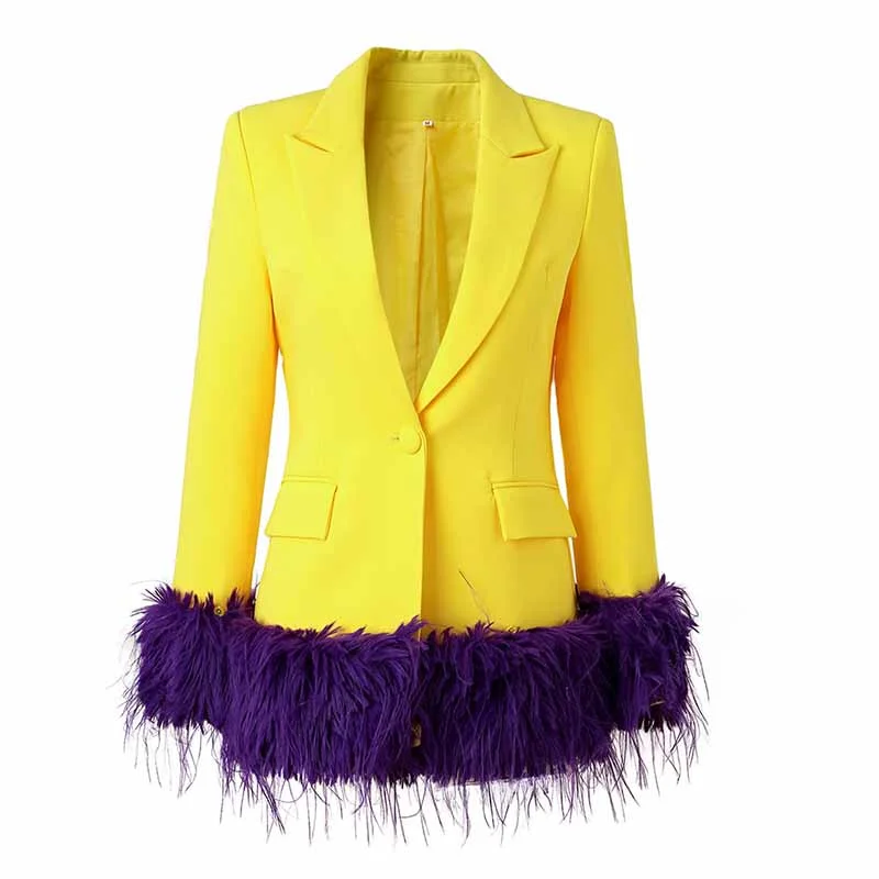 stylish houndstooth coat for women -Women Purple Faux Fur Trim Mid-Length Yellow Blazer Coat Stage Performance Jacket