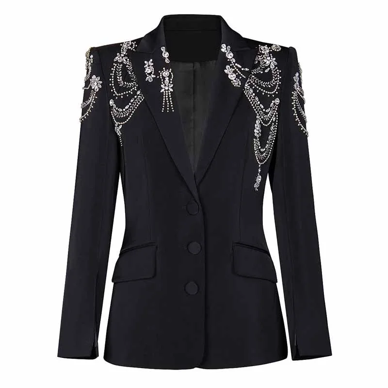 professional work blazer for women -Women's Crystal Blazer Black V Neck Sleeves Jacket Coat