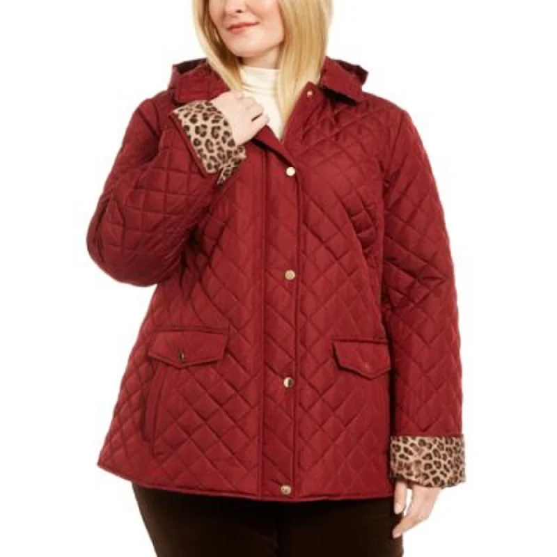 professional work blazer for women -Charter Club Women's Quilted Leopard-Print-Trim Hooded Jacket Wine Size Medium