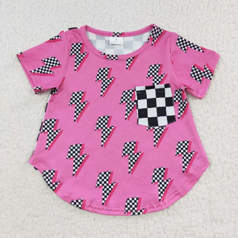 trendy puff sleeve crop top for ladies -Girl pink checkered pocket t shirt GT0227