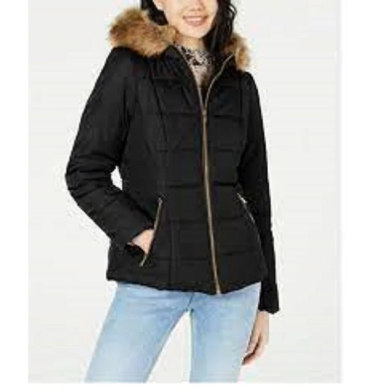 cozy oversized wrap coat for women -Celebrity Pink Juniors' Puffer Coat With Faux Fur Trim Hood Black Size Small