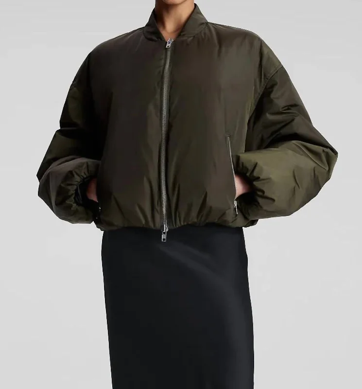 chic oversized blazer for women -Zane Nylon Bomber Jacket In Deep Olive