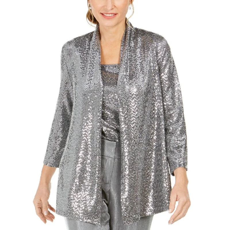 classic camel coat for ladies -Kasper Women's Metallic Open-Front Jacket Silver Size Small