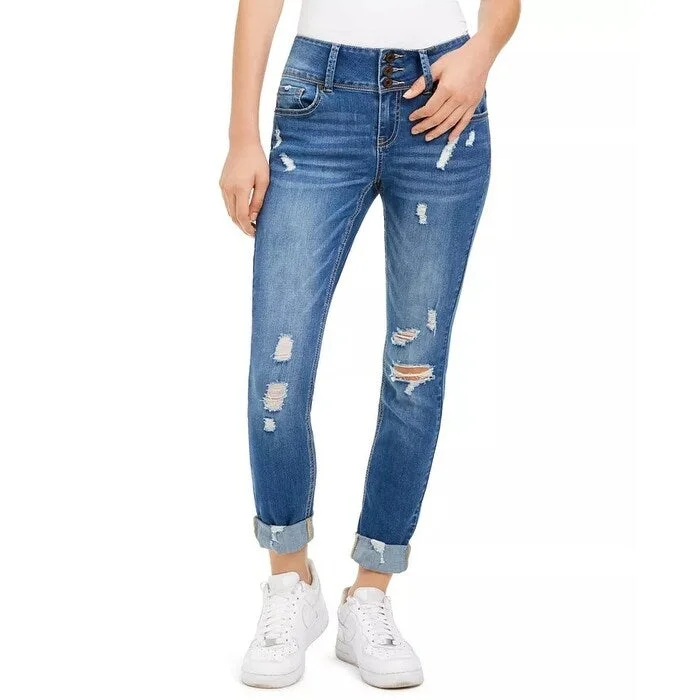 stylish flare-leg denim for ladies -Indigo Rein Junior's Ripped Cuffed Jeans Medium Blue Size 5