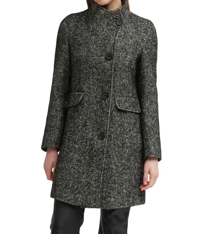 ladies' designer overcoat -Gery Woman's Tweed Coat In Black & White Herringbone