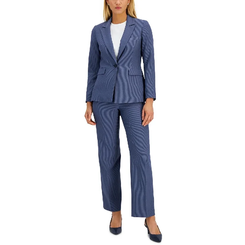 ladies' fur-lined jacket -Le Suit Womens Striped Work Wear One-Button Blazer