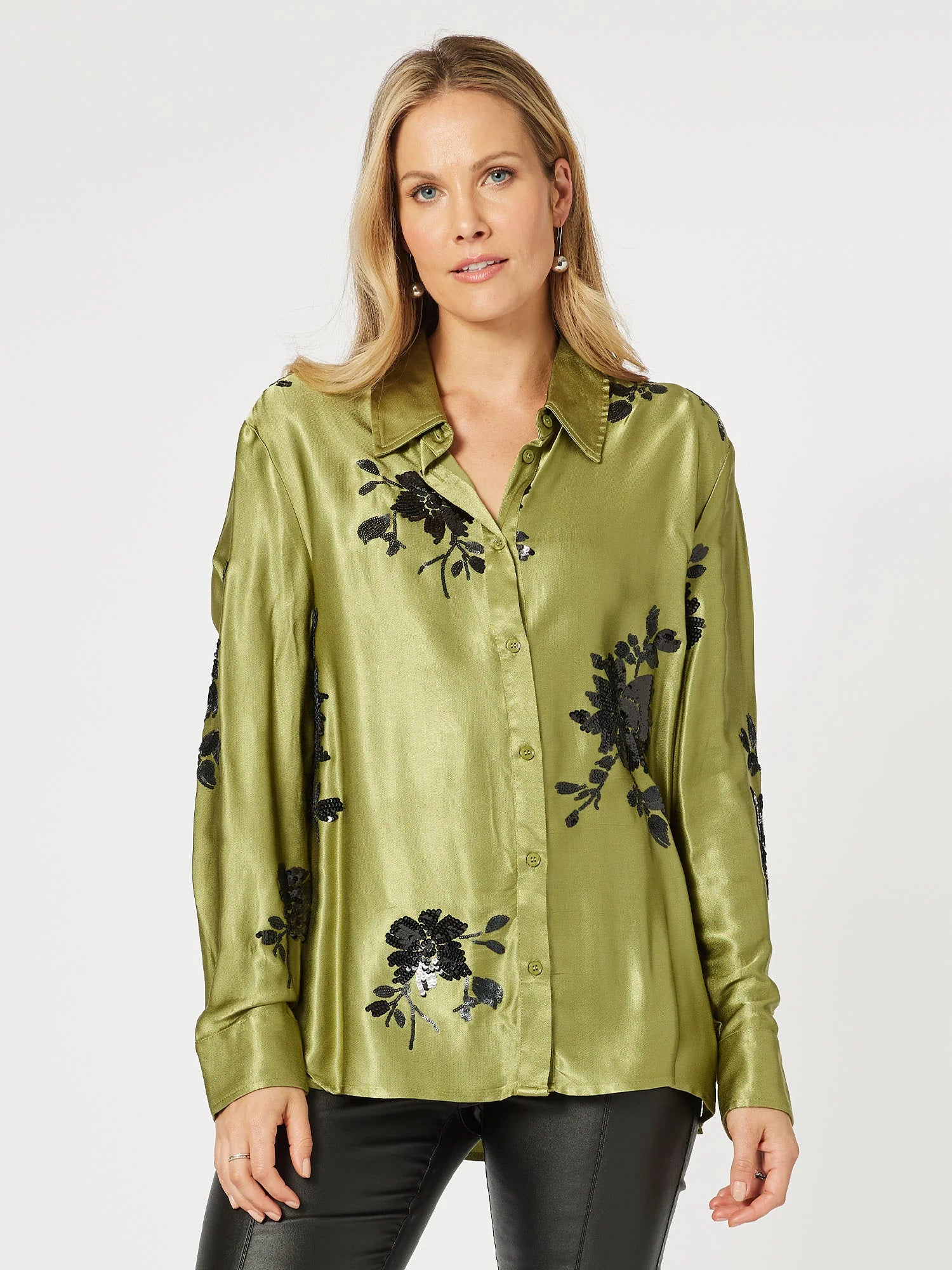 chic asymmetrical top for women -Seville Flower Shirt - Pistachio