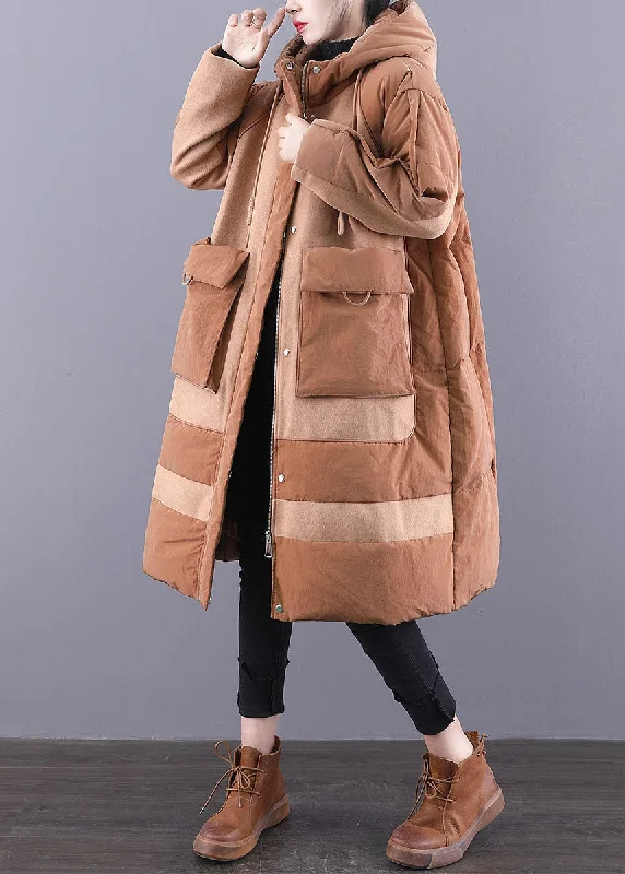 ladies' fur-lined jacket -Camel drawstring Duck Down Winter Coats Zip Up Winter