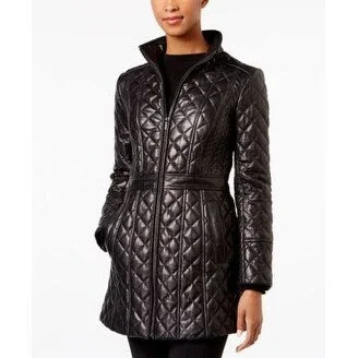 ladies' puffer jacket -Jones New York Quilted Leather Jacket Black Small - S