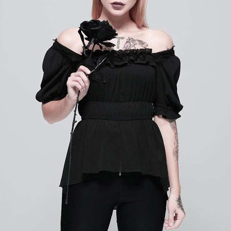 women's minimalist turtleneck top -Women's Goth Square Collar Chiffon High/Low Top With Puff Sleeves