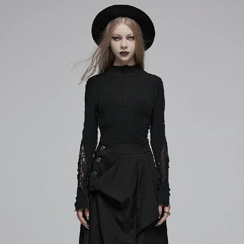 women's sleeveless pleated blouse -Women's Gothic Half-high Collar Lace Splice Shirt