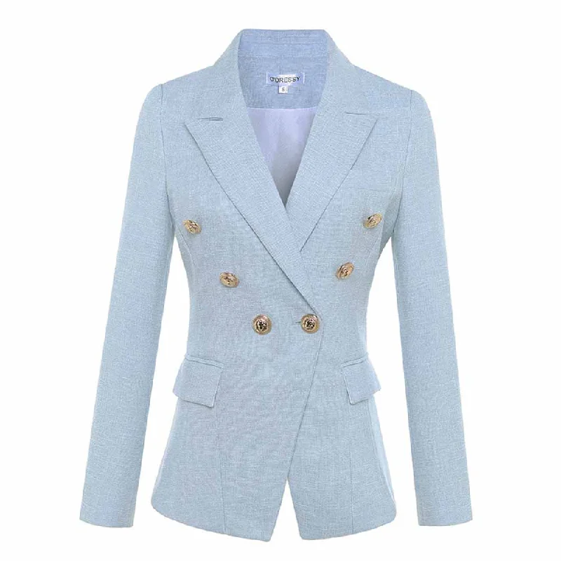 ladies' designer overcoat -Women Sky Blue Double Breasted Blazer Gold Buttons Jacket