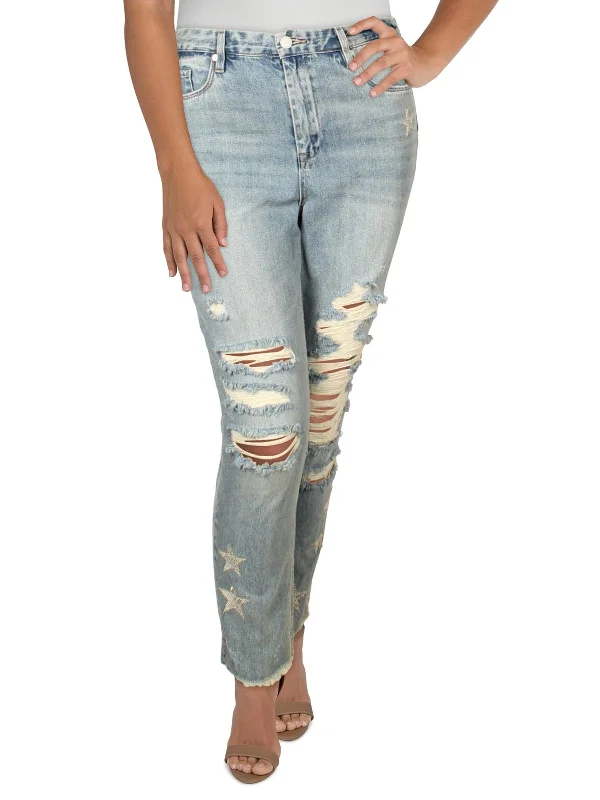 trendy patchwork jeans for women -Womens Denim Patchwork Straight Crop Jeans