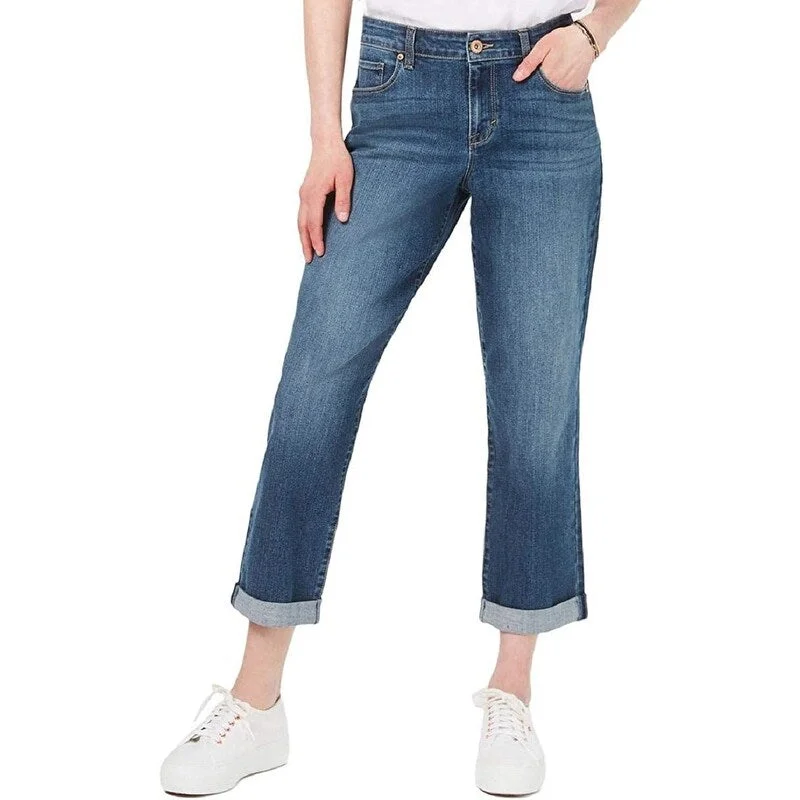 cropped kick-flare jeans for women -Style & Co Women's Curvy-Fit Cuffed Boyfriend Jeans Rodeo Size 8" - Blue