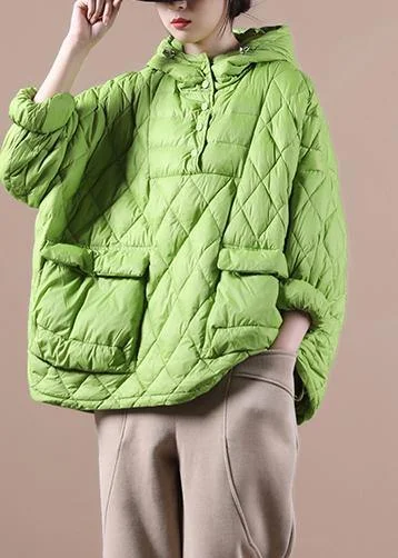 women's stylish blazer -Loose Green Winter Puffer Jacket Hooded Down Coat